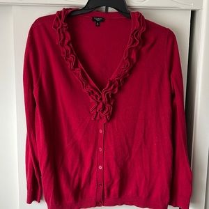 Maroon button up cardigan sweater from Talbots size 3X with a V neck and ruffles